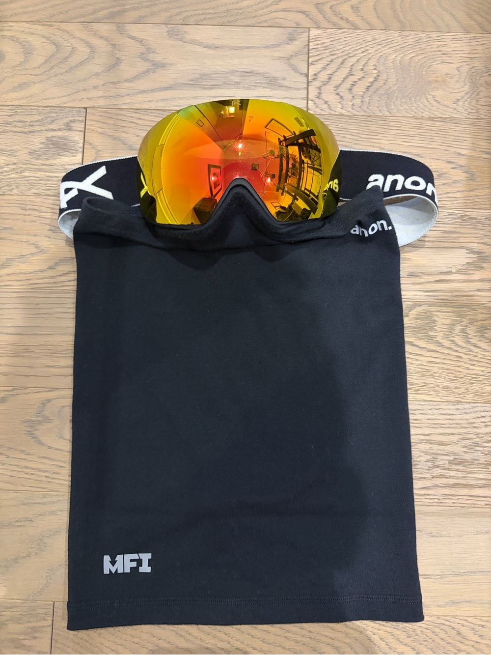 Men Black Neck Gaiter with Gold Mirror Lens Goggles